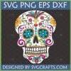Vibrant and colorful Da de los Muertos sugar skull SVG design with intricate floral patterns