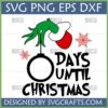 Grinch hand holding a Christmas ornament with 'DAYS UNTIL CHRISTMAS' text, snowflakes, and file formats (SVG, PNG, EPS, DXF) by SVGCrafts.