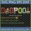 Distressed retro Dadpool SVG design with Deadpool mask, Avengers A, and Thor's hammer, defined as 'like a dad, only cooler' for Father's Day.