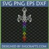 RPG Dice Sword SVG with Rainbow Polyhedral Dice Stack and D20 Hilt