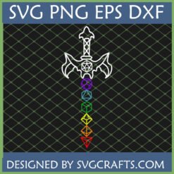 RPG Dice Sword SVG with Rainbow Polyhedral Dice Stack and D20 Hilt