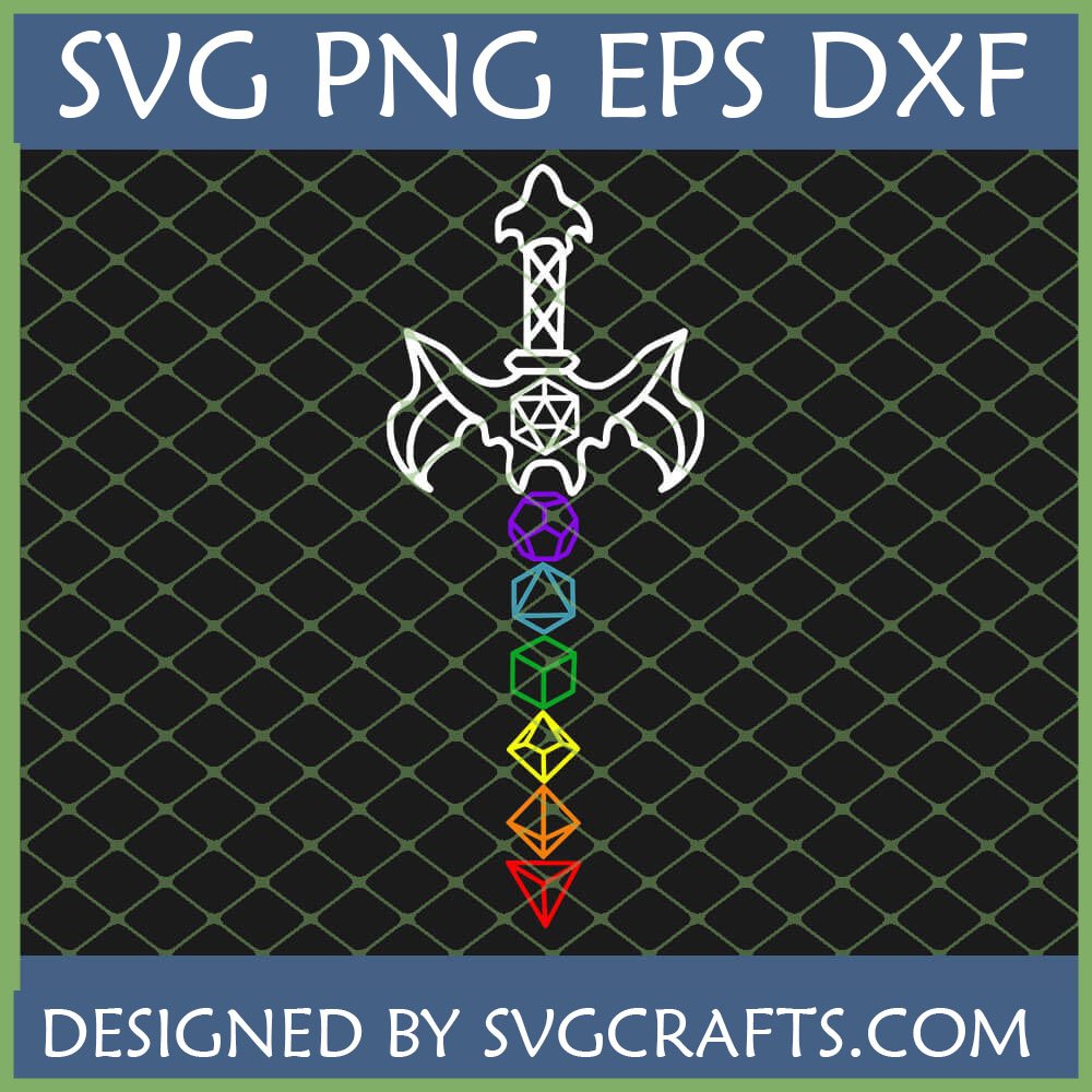 RPG Dice Sword SVG with Rainbow Polyhedral Dice Stack and D20 Hilt