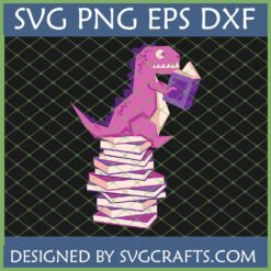 Whimsical purple dinosaur reading books SVG digital design for Cricut and book lovers