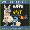 Funny Easter Dinosaur SVG with T-Rex in bunny suit holding egg and 'Happy East Rawr' text, perfect for Cricut crafts.