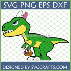 Funny Easter Dinosaur SVG with T-Rex wearing bunny ears and holding an Easter basket filled with eggs, ideal for Cricut and sublimation crafts.