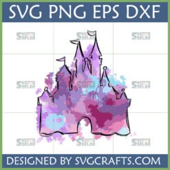 A whimsical watercolor castle SVG design featuring purple, pink, and blue splatters with a hand-drawn outline, perfect for princess-themed crafts.