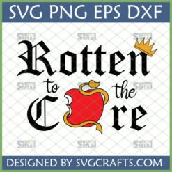 Rotten to the Core SVG design with gothic text, bitten apple with worm, and golden crown, perfect for Halloween and Evil Queen inspired crafts.