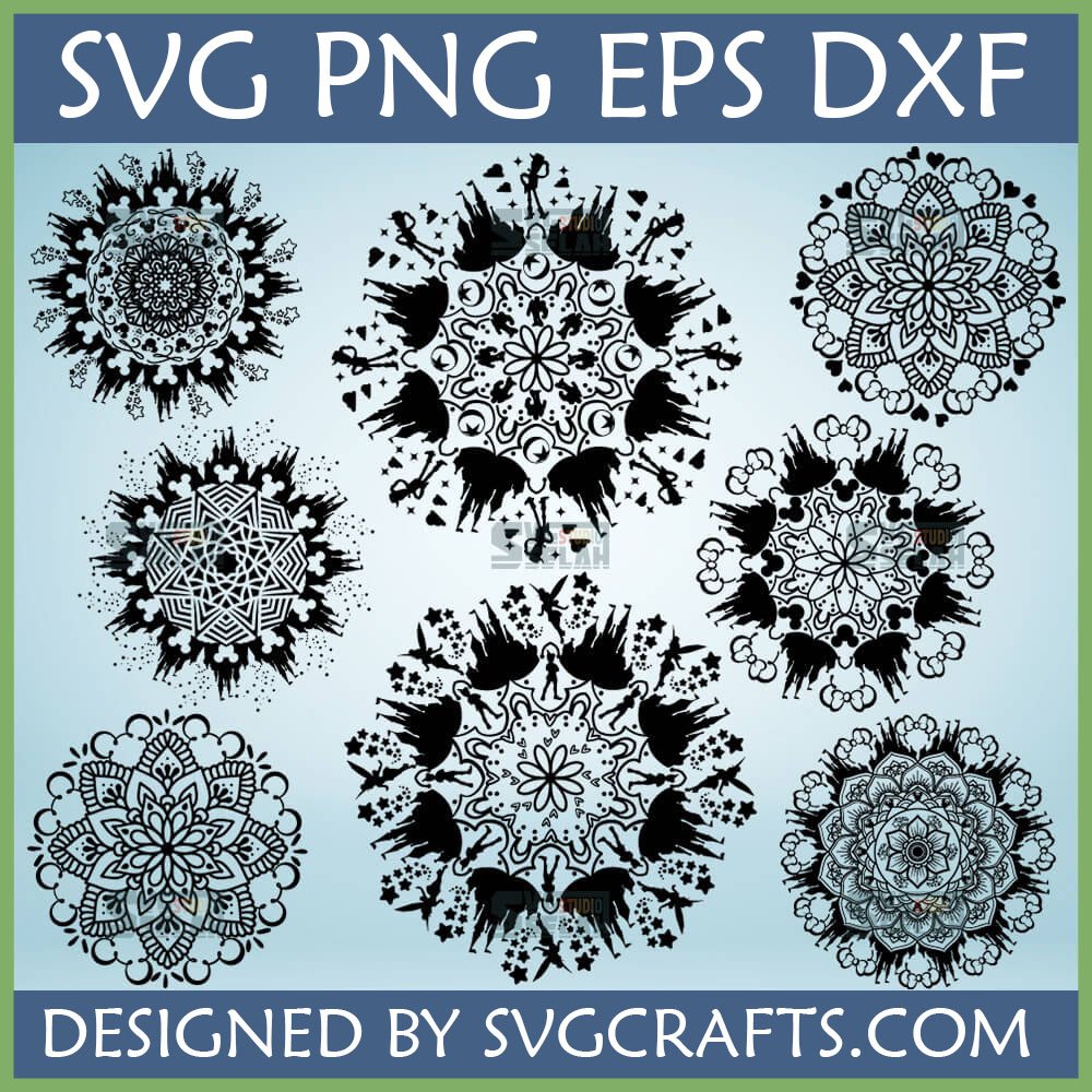 Bundle of 8 Magical Castle Mandala SVG designs for Cricut and sublimation, featuring fairy tale castles, stars, and whimsical elements.