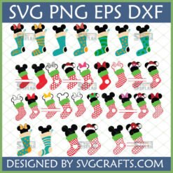 Mickey Minnie Christmas Stocking SVG Bundle for Cricut and Silhouette, featuring various Disney-inspired holiday stocking designs.
