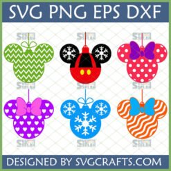 Six Mickey and Minnie Mouse Christmas ornament SVG designs in green chevron, red Mickey, red polka dot Minnie, purple heart Minnie, blue snowflake Mickey, and orange stripe Minnie styles.