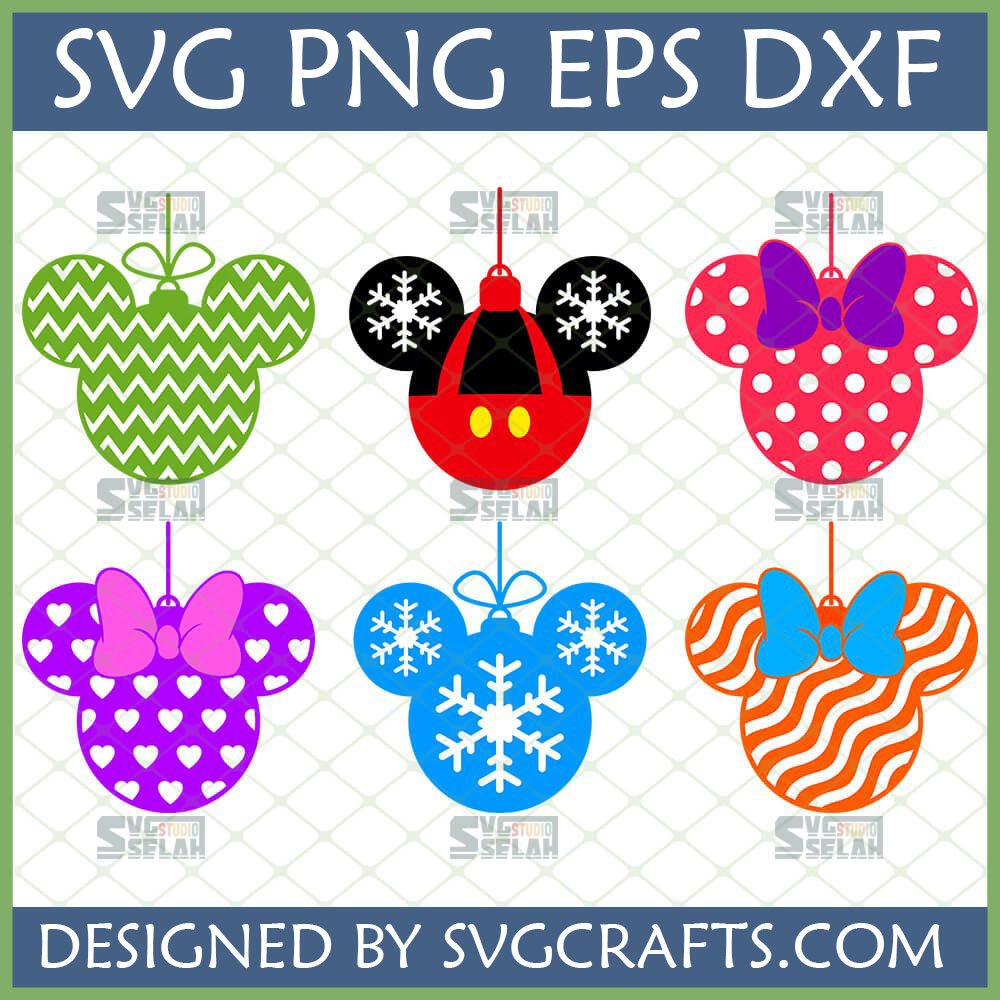 Six Mickey and Minnie Mouse Christmas ornament SVG designs in green chevron, red Mickey, red polka dot Minnie, purple heart Minnie, blue snowflake Mickey, and orange stripe Minnie styles.