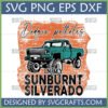 Dodgin Potholes In My Sunburnt Silverado SVG design featuring a teal lifted classic Chevy pickup truck on an orange distressed background, ideal for Cricut and sublimation.