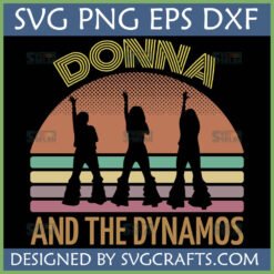 Donna and the Dynamos SVG PNG EPS DXF file with retro disco dancing women silhouettes and 70s striped background