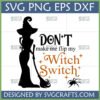 Funny Witch Switch SVG design with witch silhouette, broom, spider, and stars for Halloween crafts.