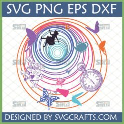 Whimsical Alice in Wonderland SVG digital design with Alice falling, White Rabbit, pocket watch, teapot, and butterflies for Cricut and sublimation crafts.