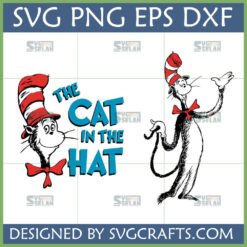 The Cat in the Hat SVG and PNG bundle featuring two classic Dr. Seuss illustrations for Cricut and sublimation.