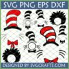 Dr Seuss SVG Bundle featuring Cat in the Hat, Thing 1 Thing 2 hats, bow ties, and whiskers for Cricut and Silhouette crafts.