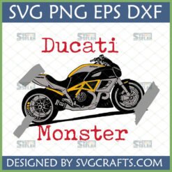 Detailed Ducati Monster Motorcycle SVG PNG DXF EPS digital design by SVGCrafts, featuring a black and yellow Ducati bike graphic with distressed red 'Ducati Monster' text.