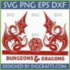 Dungeons and Dragons SVG with two red dragons flanking a D20 dice, ideal for Cricut crafting.