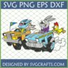 Funny Easter Bunny Race SVG digital design featuring two cartoon bunnies racing in monster trucks with a cat and chicken, for Cricut and Silhouette.