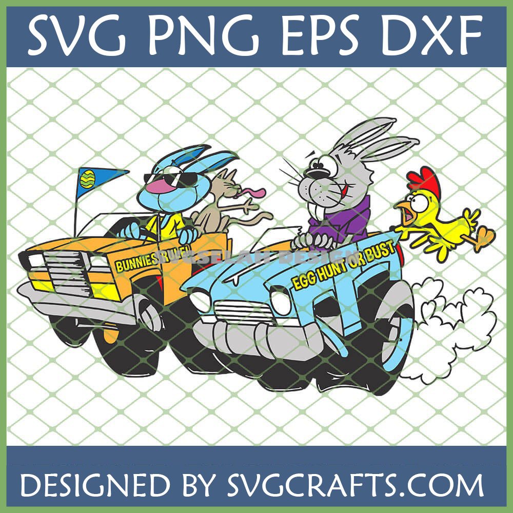 Funny Easter Bunny Race SVG digital design featuring two cartoon bunnies racing in monster trucks with a cat and chicken, for Cricut and Silhouette.