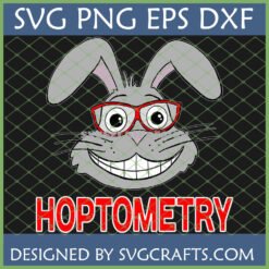 Funny Hoptometry SVG design featuring a cartoon grey rabbit wearing red glasses and a wide smile.
