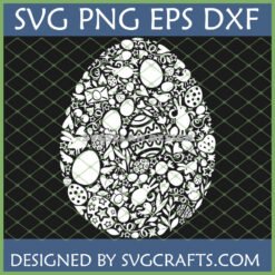 Whimsical Easter Egg SVG Cut File design filled with bunnies, chicks, patterned eggs, and spring elements for Cricut and sublimation crafts.