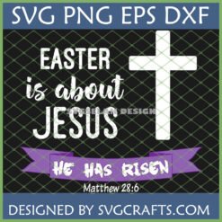 Easter is About Jesus He Has Risen Matthew 28:6 SVG PNG EPS DXF design with a white cross and purple banner on a dark background