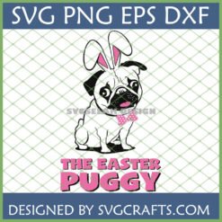 Funny Easter Pug SVG with bunny ears and pink bow tie for Cricut projects.