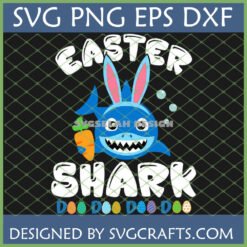 Easter Baby Shark SVG design with bunny ears, carrot, and Easter eggs for Cricut and sublimation crafts.