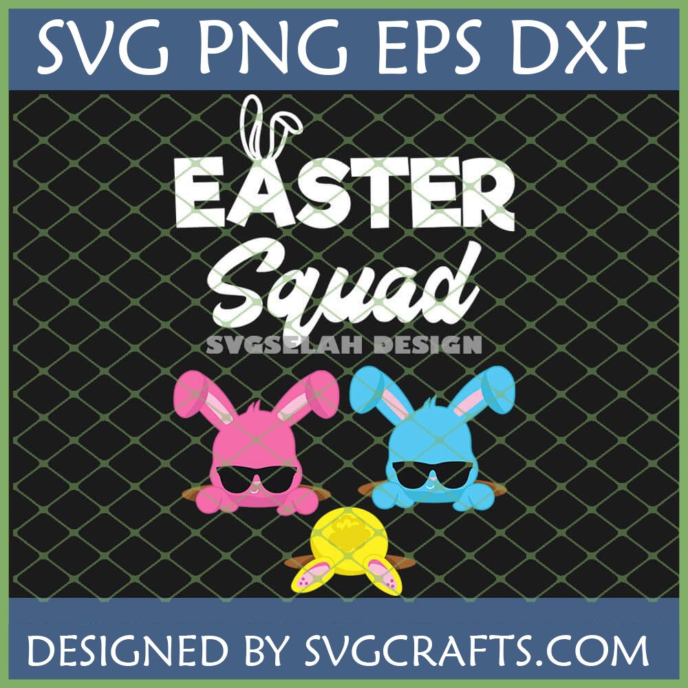 Easter Squad SVG design with pink, blue, and yellow cool bunnies wearing sunglasses for Cricut and sublimation