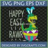 Funny Easter Dinosaur SVG wearing blue bunny ears, sitting in a colorful cracked Easter egg with 'HAPPY EAST RAWR' text.