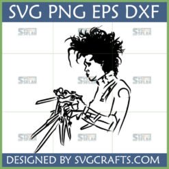 Minimalist outline of Edward Scissorhands with wild hair and scissor hands, black and white SVG PNG DXF EPS file
