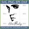 Clean black silhouette of Elvis Presley's iconic profile, with text 'Elvis Presley' below. Designed by SVGCrafts.