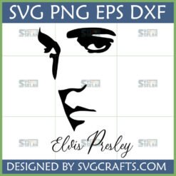 Clean black silhouette of Elvis Presley's iconic profile, with text 'Elvis Presley' below. Designed by SVGCrafts.