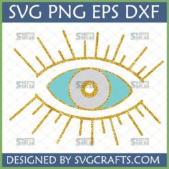 Glitter Evil Eye SVG design with gold outline and blue iris for protection and good luck crafts