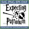 Expecting Patronum SVG design with a wizard wand, baby pacifier, and baby footprints, surrounded by stars, in a Harry Potter inspired font, for a magical pregnancy announcement.