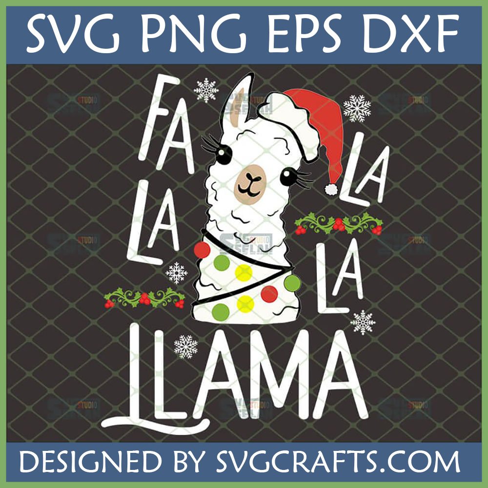 Fa La La Llama Christmas SVG design featuring a cute llama with a Santa hat and Christmas lights, surrounded by "FA LA LA LA LLAMA" text.