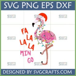 Funny Fa La La Flamingo SVG design with a Santa hat and Christmas lights, perfect for tropical Christmas crafts.