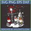 Three snowmen representing Faith Hope Love SVG with plaid and leopard print hats and scarves, a cross, and Christmas tree.