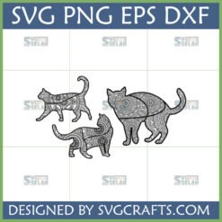 Three intricate Mandala Cat SVG designs in various poses, showcasing detailed Zentangle patterns, perfect for Cricut and crafting projects.