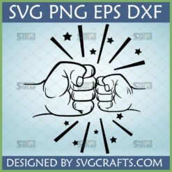 Fist bump SVG design with radiating lines and stars, perfect for Cricut and Silhouette crafting, symbolizing friendship and teamwork.