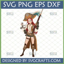 Whimsical Pirate Girl SVG with red hair, holding a rifle, and an adorable monkey on her shoulder, perfect for Cricut crafting.