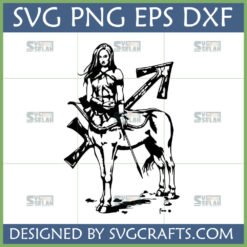 Black and white silhouette of a female centaur archer with a bow and arrow, alongside the Sagittarius zodiac symbol. Perfect Sagittarius SVG PNG DXF for Cricut.