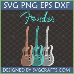 Three layered electric guitars (peach, teal, grey) with 'Fender' logo SVG PNG DXF EPS by SVGCrafts