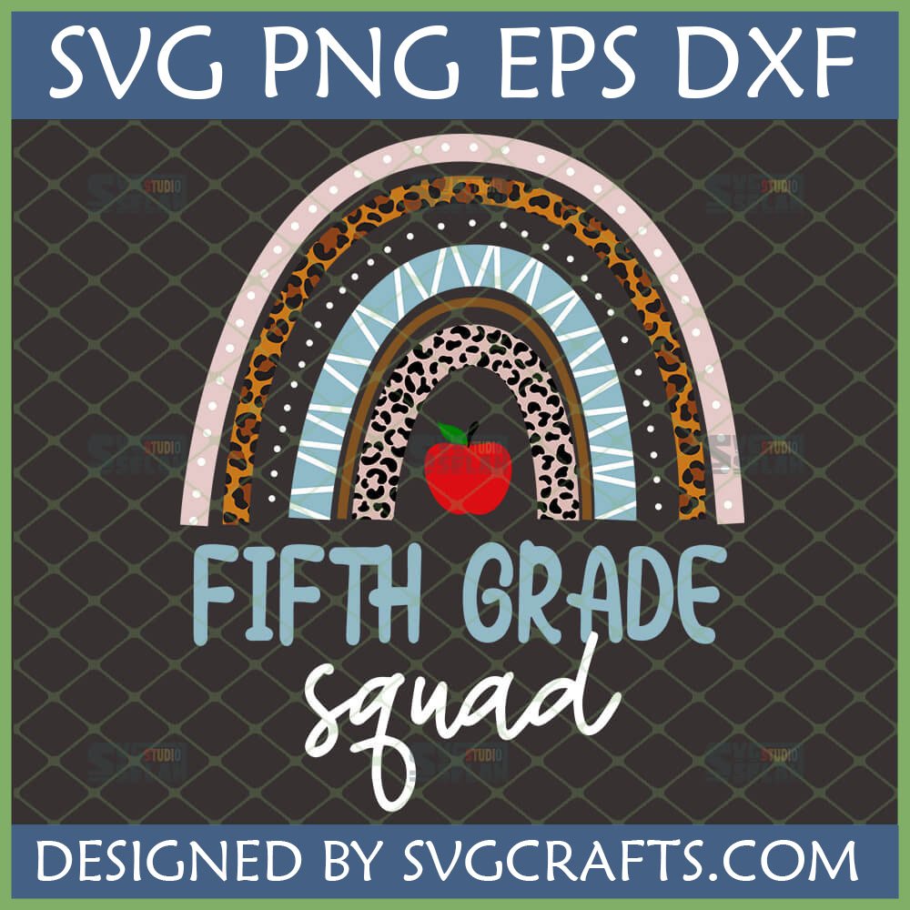 Boho Fifth Grade Squad SVG design with leopard print rainbow and apple for back to school