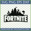 Fortnite SVG Design for Cricut and Silhouette, featuring game landscape silhouette and Fortnite logo.