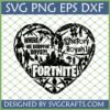 Fortnite Heart SVG design with characters, weapons, and 'WHERE WE DROPPIN' BOYS?! #VictoryRoyale!!' text, perfect for Cricut and sublimation.