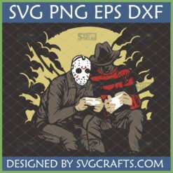 Funny Horror Friends Gaming SVG featuring Jason Voorhees and Freddy Krueger playing video games, perfect for Cricut and sublimation.