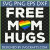 Free Mom Hugs SVG PNG DXF EPS file with a rainbow heart in 'MOM' on a dark background